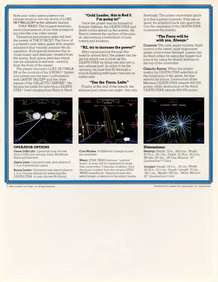 Original 1984 Atari Star Wars cockpit flyer, back